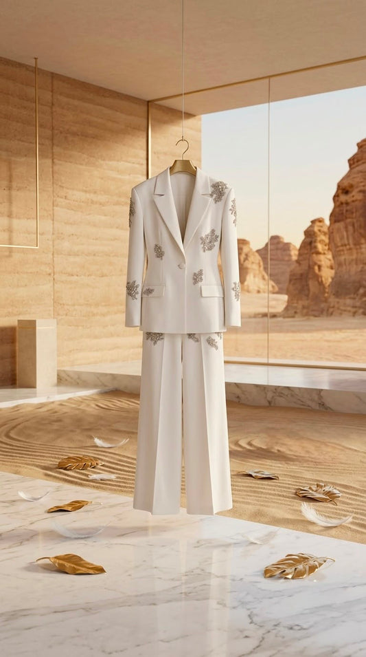 HOUDA - Women Beaded Rhinestones Single Buttons Suit Blazer Wide-Leg Pants Set 2Pcs